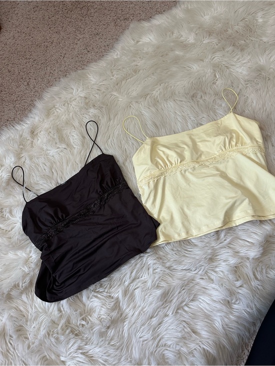 wild fable Tops - wild fable Two-Pack Lace-Trim Spaghetti Strap Camisoles in Brown and Pale Yellow